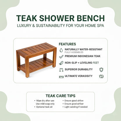 TeakCraft Teak Shower Bench with Storage Shelf, 30 inch, Handmade Solid Indonesian Teak Wood Bath Stool, Indoor Outdoor, The Tien