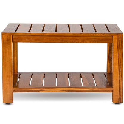TeakCraft Teak Shower Bench with Storage Shelf, 30 inch, Handmade Solid Indonesian Teak Wood Bath Stool, Indoor Outdoor, The Tien