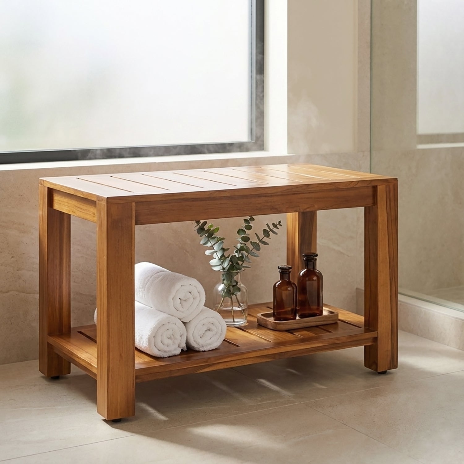 TeakCraft Teak Shower Bench with Storage Shelf, 30 inch, Handmade Solid Indonesian Teak Wood Bath Stool, Indoor Outdoor, The Tien