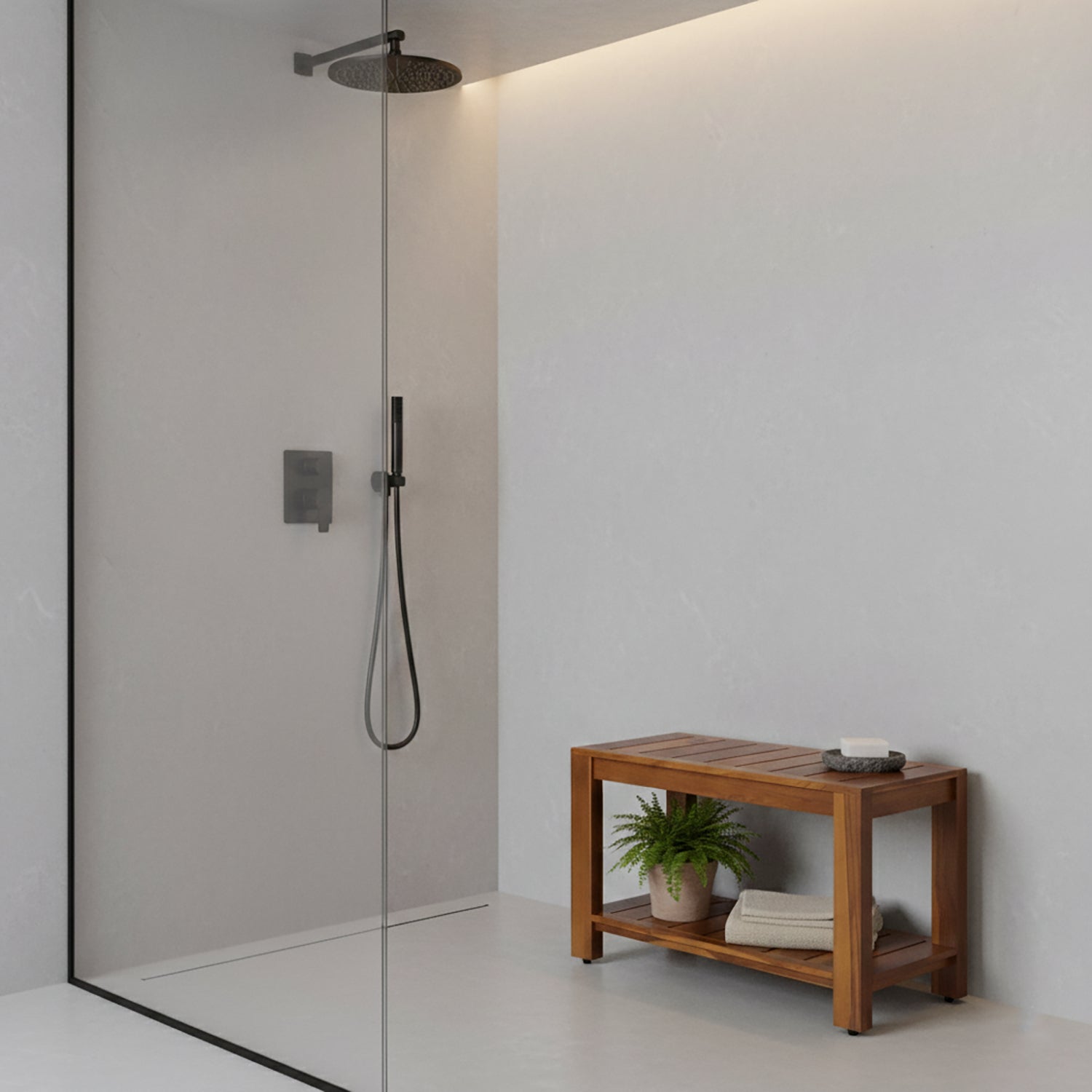 TeakCraft Teak Shower Bench with Storage Shelf, 30 inch, Handmade Solid Indonesian Teak Wood Bath Stool, Indoor Outdoor, The Tien