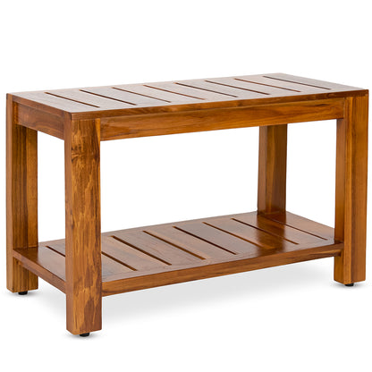 TeakCraft Teak Shower Bench with Storage Shelf, 30 inch, Handmade Solid Indonesian Teak Wood Bath Stool, Indoor Outdoor, The Tien