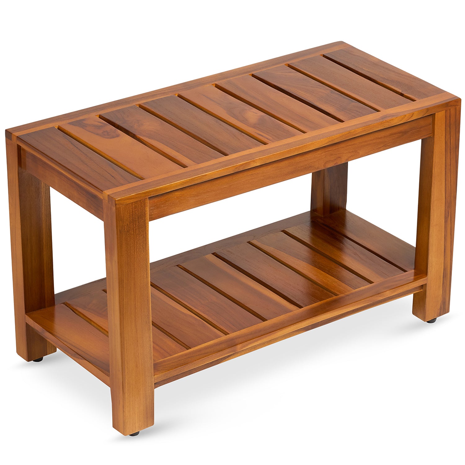 TeakCraft Teak Shower Bench with Storage Shelf, 30 inch, Handmade Solid Indonesian Teak Wood Bath Stool, Indoor Outdoor, The Tien