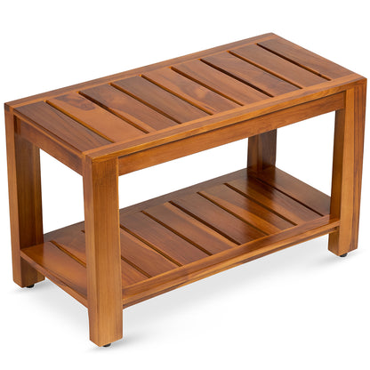 TeakCraft Teak Shower Bench with Storage Shelf, 30 inch, Handmade Solid Indonesian Teak Wood Bath Stool, Indoor Outdoor, The Tien