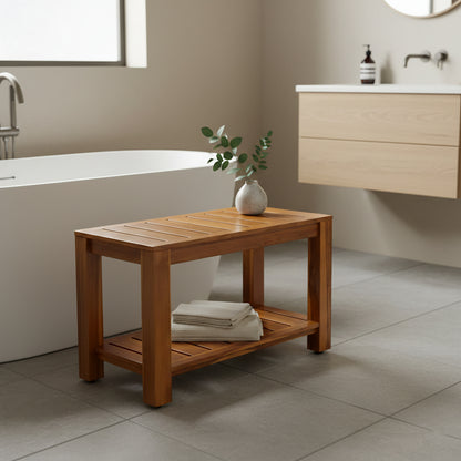 TeakCraft Teak Shower Bench with Storage Shelf, 30 inch, Handmade Solid Indonesian Teak Wood Bath Stool, Indoor Outdoor, The Tien