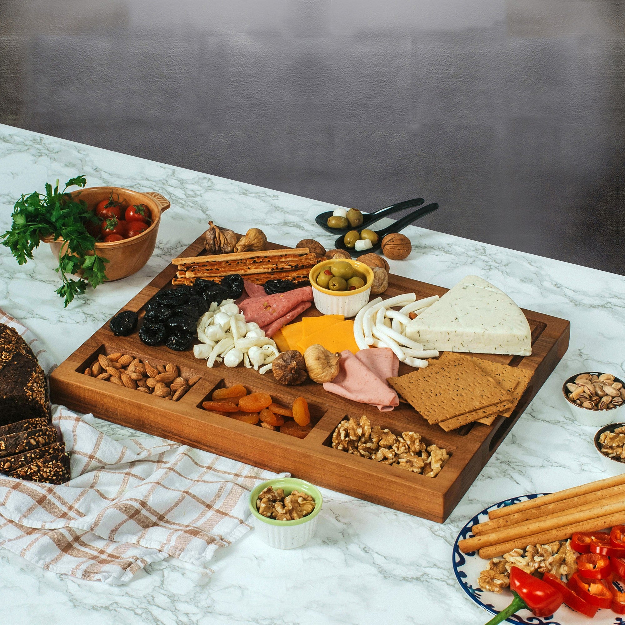 TeakCraft Large Walnut Cutting Board with Sorting Compartment and Juice Grove, Chopping Board, Knife Friendly, Reversible, Cheese and Cracker Board, The Didyma (18x14x1.5 inch)