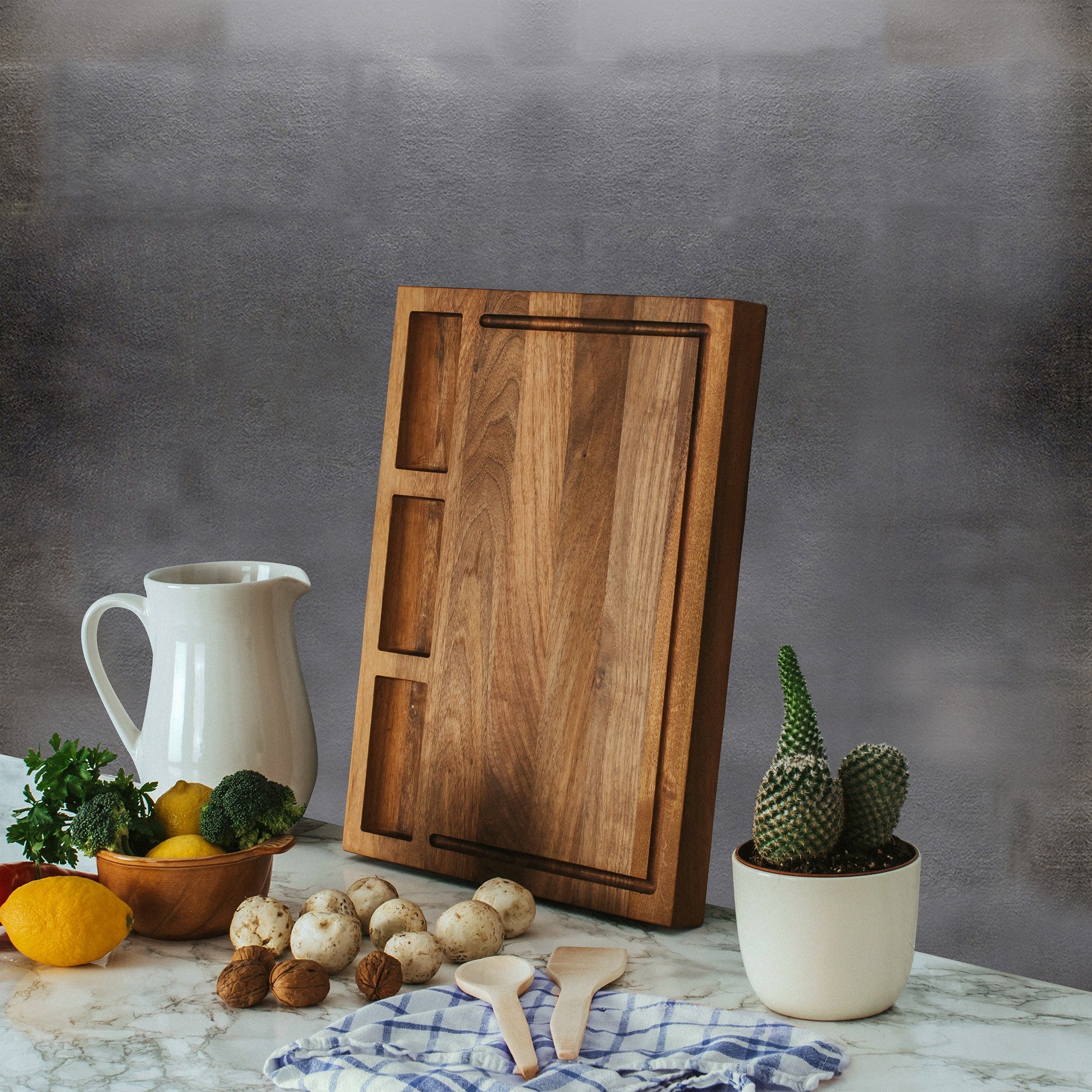 TeakCraft Large Walnut Cutting Board with Sorting Compartment and Juice Grove, Chopping Board, Knife Friendly, Reversible, Cheese and Cracker Board, The Didyma (18x14x1.5 inch)