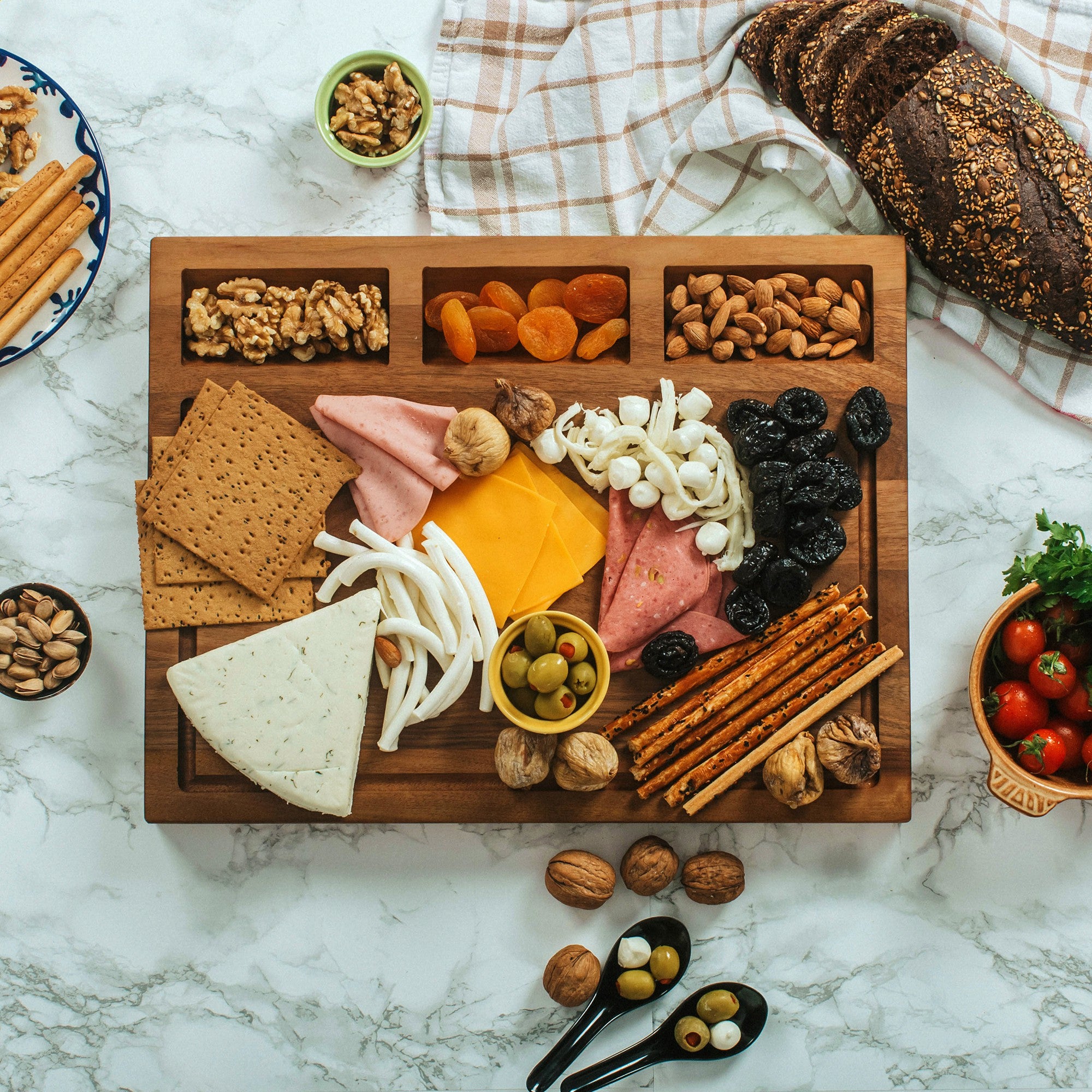 TeakCraft Large Walnut Cutting Board with Sorting Compartment and Juice Grove, Chopping Board, Knife Friendly, Reversible, Cheese and Cracker Board, The Didyma (18x14x1.5 inch)