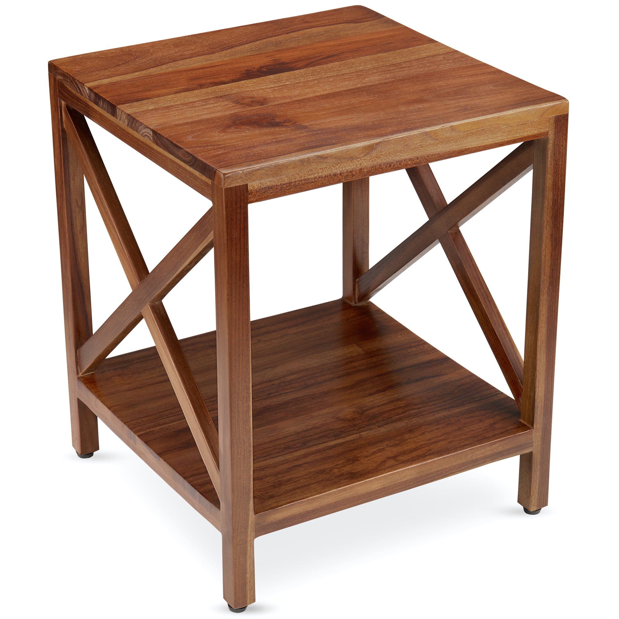 TeakCraft Teak End Table with Shelf, Solid Teak Wood, Fully Assembled, X Cross Stretcher, Living Room or Outdoor, Wood Square Side Accent Living Room Small End Table, The Frigg