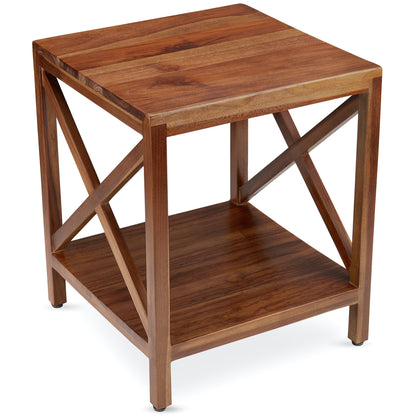 TeakCraft Teak End Table with Shelf, Solid Teak Wood, Fully Assembled, X Cross Stretcher, Living Room or Outdoor, Wood Square Side Accent Living Room Small End Table, The Frigg