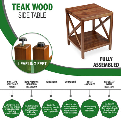 TeakCraft Teak End Table with Shelf, Solid Teak Wood, Fully Assembled, X Cross Stretcher, Living Room or Outdoor, Wood Square Side Accent Living Room Small End Table, The Frigg