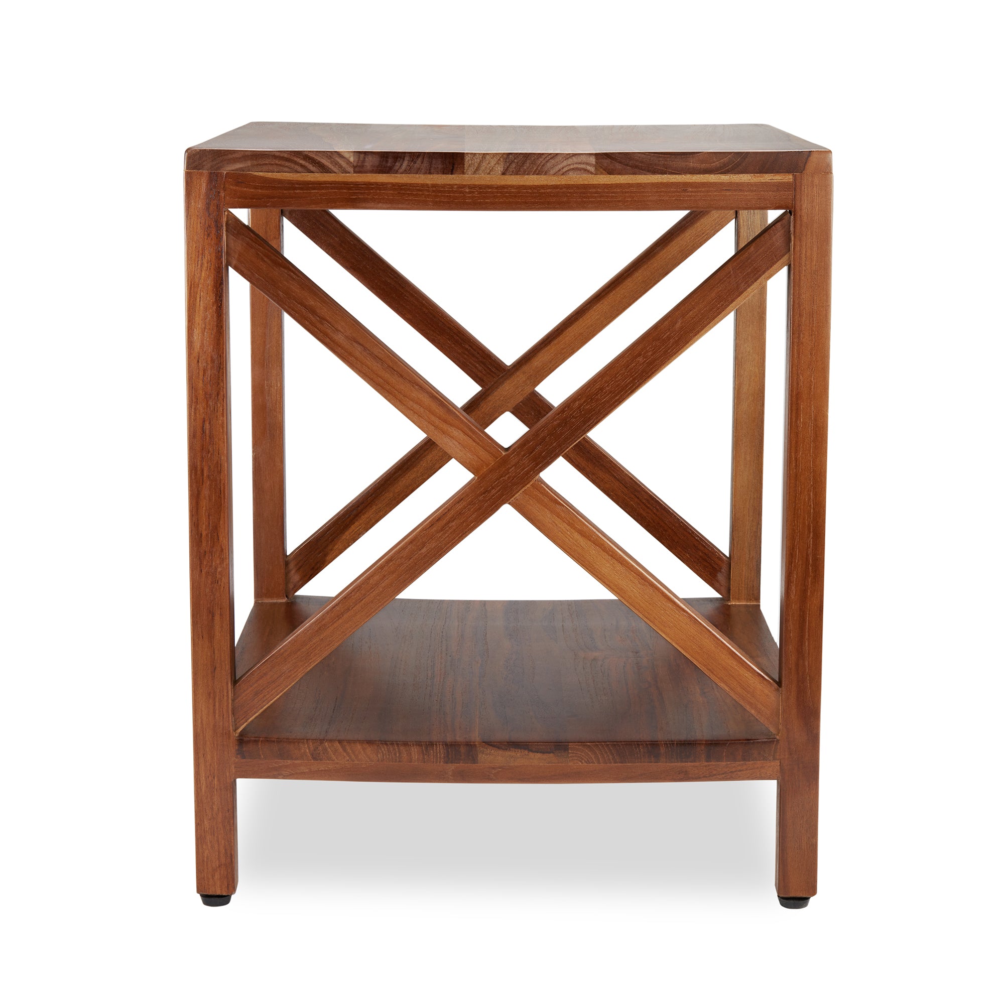 TeakCraft Teak End Table with Shelf, Solid Teak Wood, Fully Assembled, X Cross Stretcher, Living Room or Outdoor, Wood Square Side Accent Living Room Small End Table, The Frigg