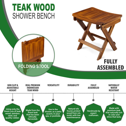 TeakCraft, The FAROS, Folding Teak Shower Bench, Shower Stool 18 inch