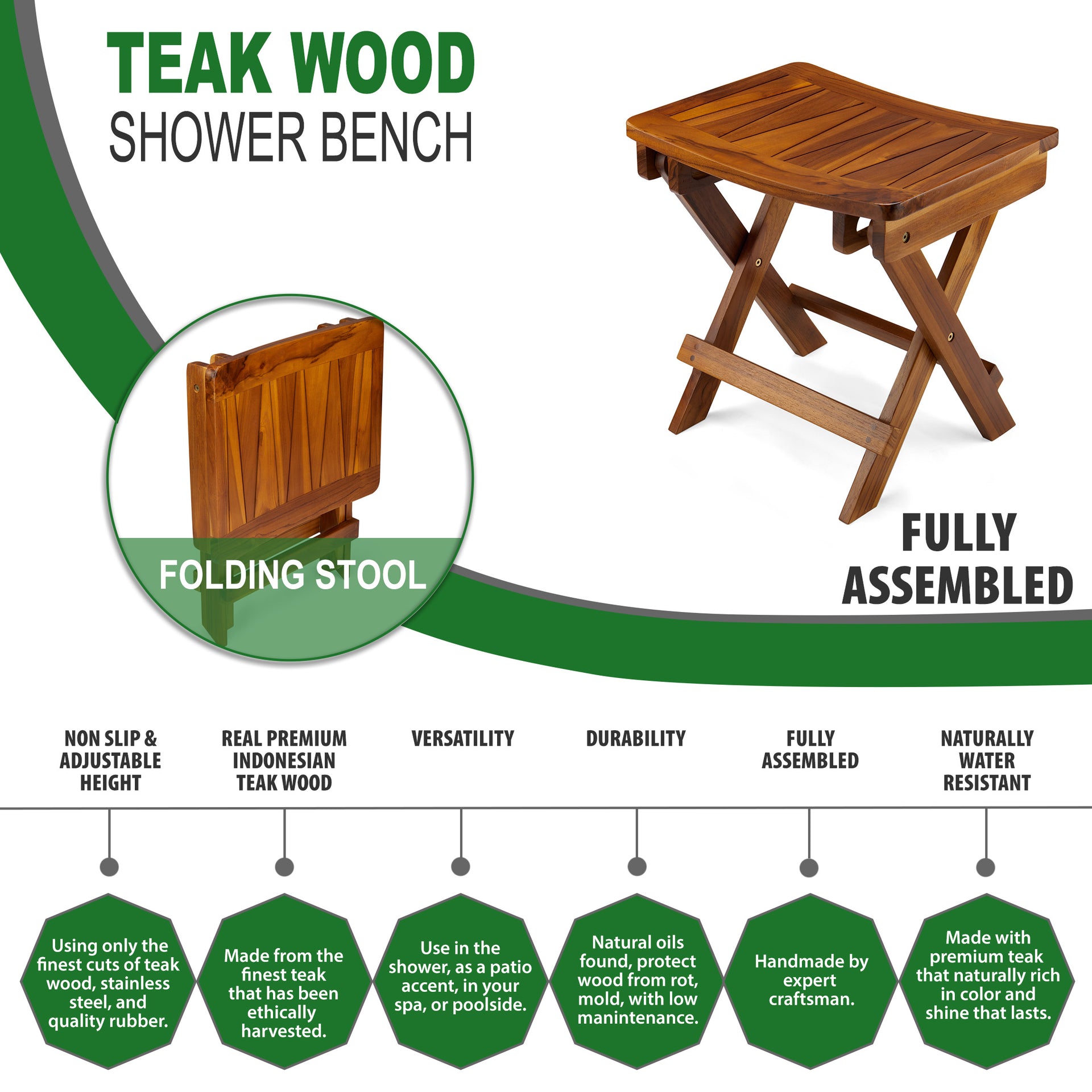 TeakCraft, The FAROS, Folding Teak Shower Bench, Shower Stool 18 inch